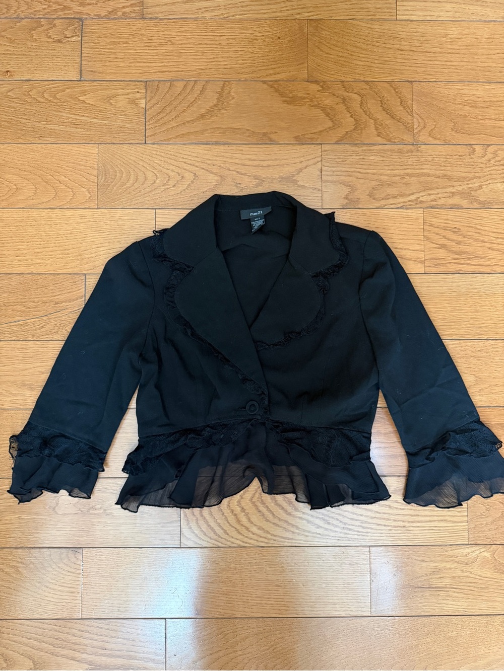 Black Ruffled Lace-Trim Blazer